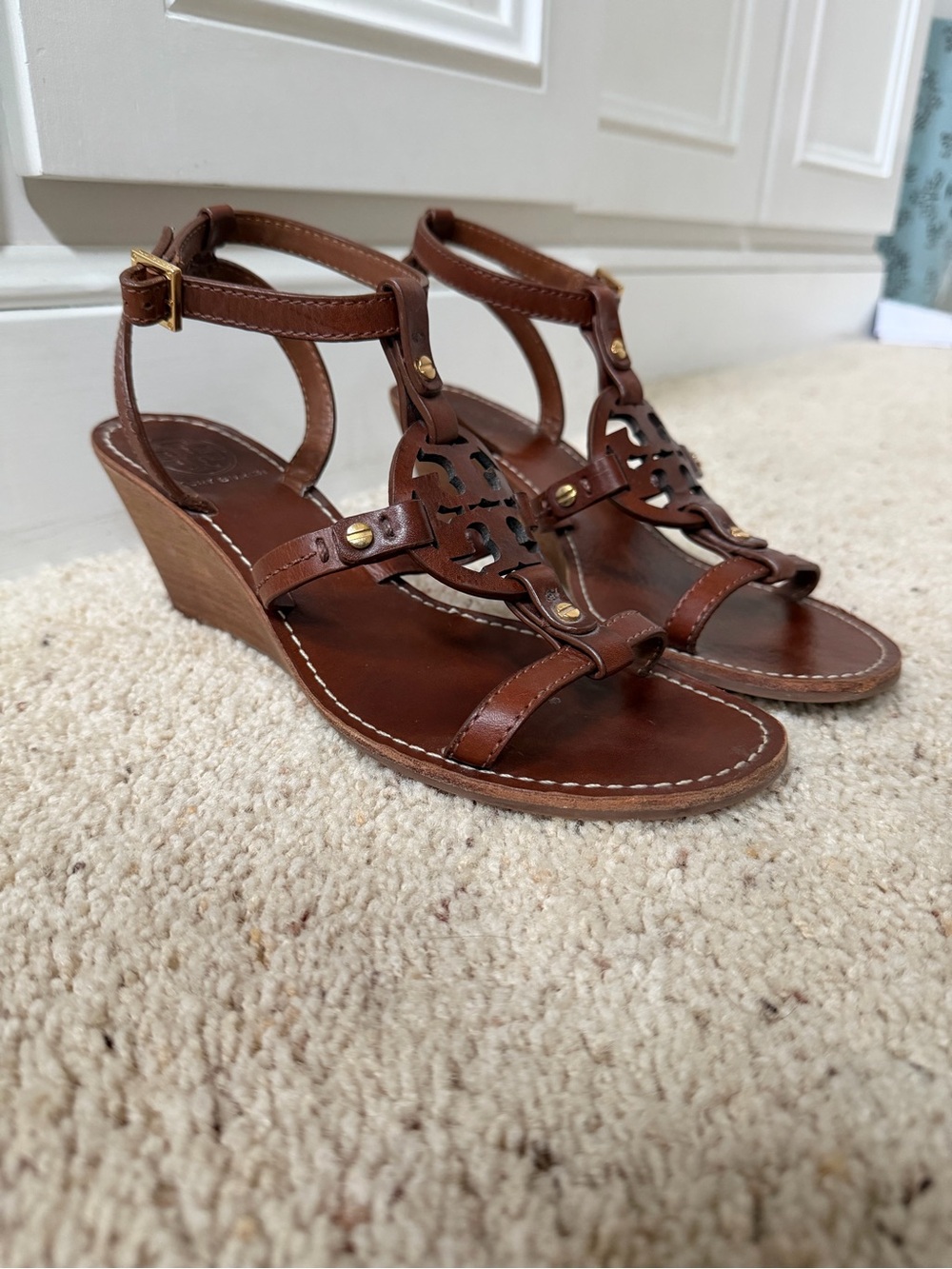Tory Burch Brown Leather Cutout Medallion Wedge Sandals